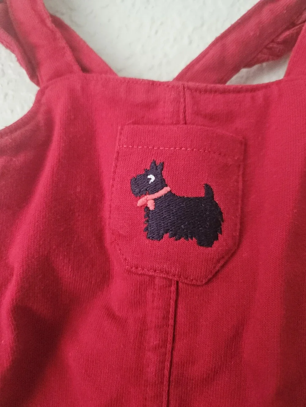 cotton dog embroidered red knit overalls, 3 months